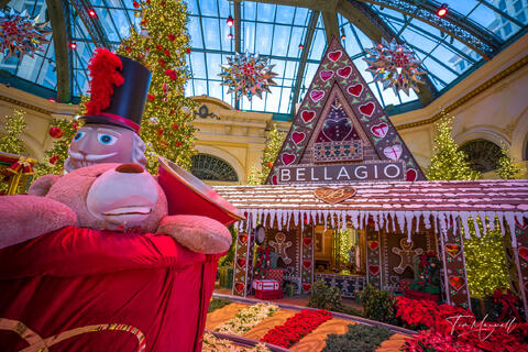 Framed view of the Bellagio Conservatory Christmas decorations with illuminated holiday trees
