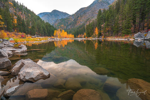 Fine art landscape photograph of Tumwater Canyon near Leavenworth, Washington, shows golden aspens and evergreens reflected in the water of the Wenatchee River