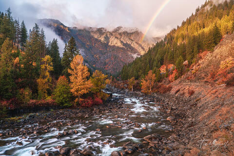 Fine art landscape photograph of Tumwater Canyon near Leavenworth, Washington, with a vivid rainbow above the Wenatchee River framed by golden fall foliage.