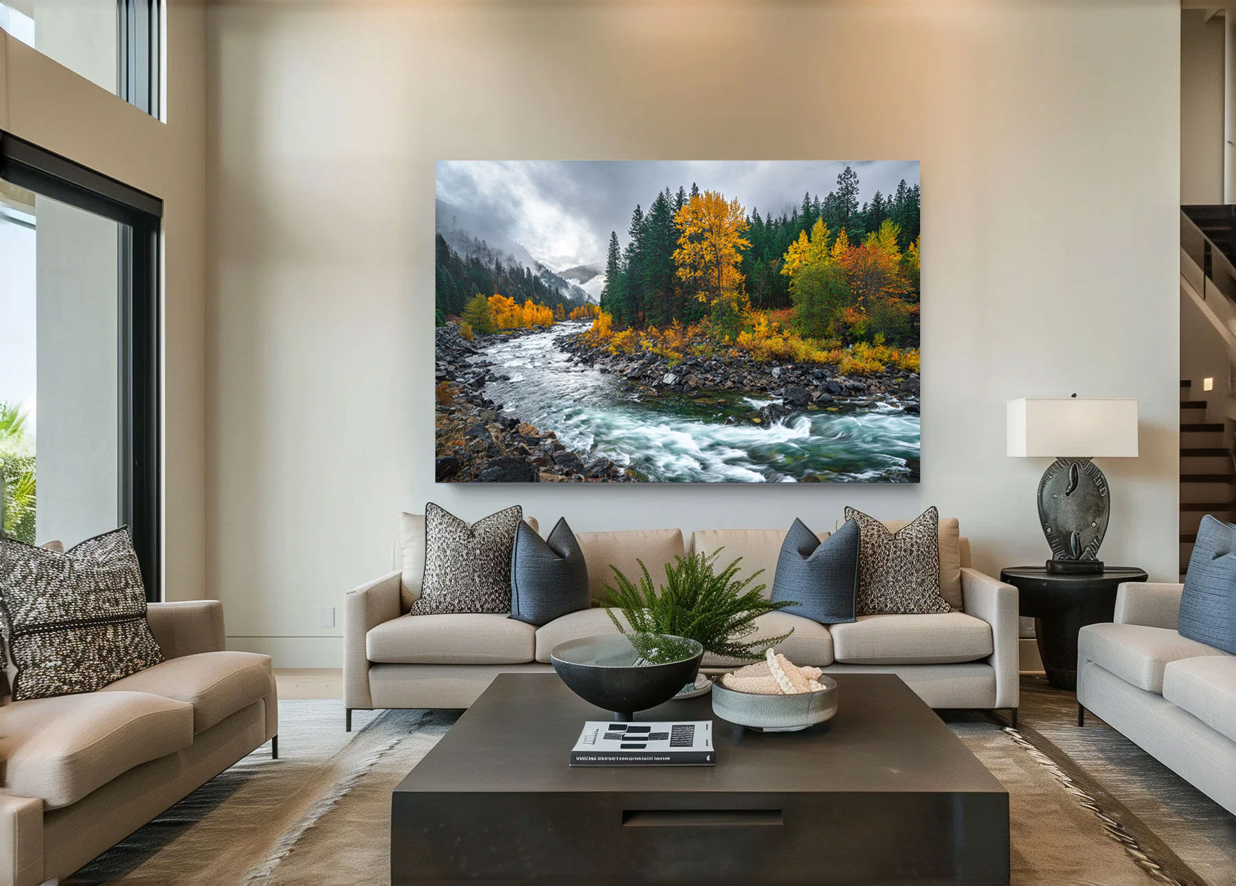 Large acrylic print of Golden Journey hung above a couch in a modern living room.