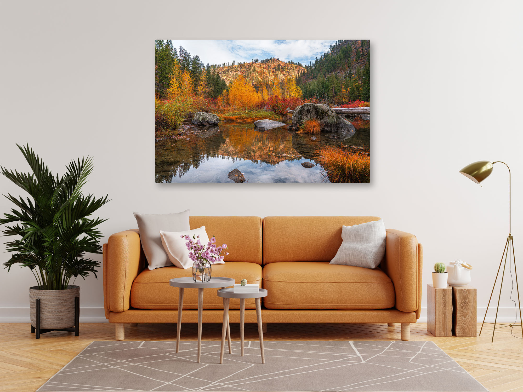 'Rust & Gold' Fine Art Print presented in ChromaLuxe HD Metal above a sofa.