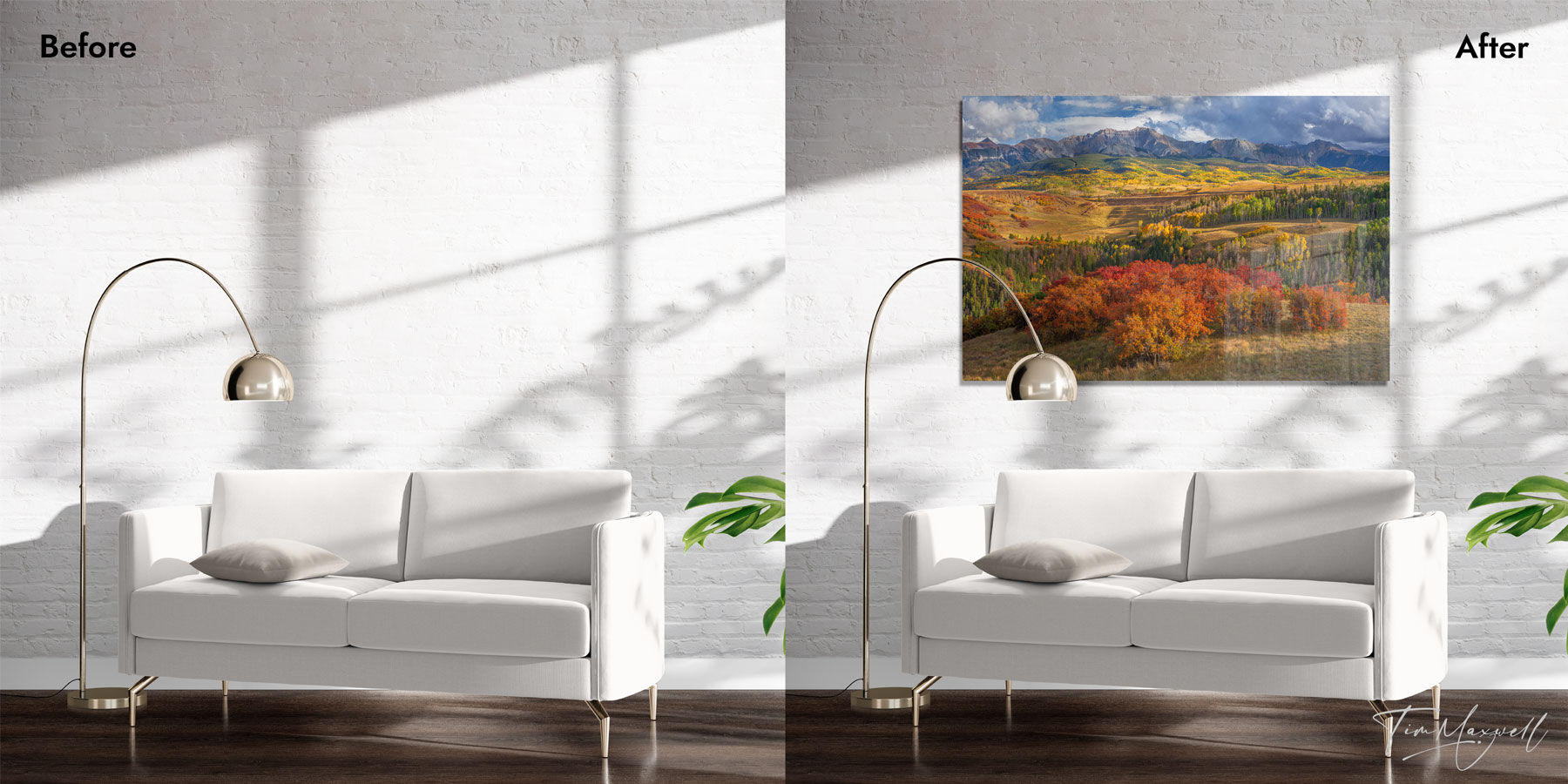 Mockup of a living room before and after adding a large print.