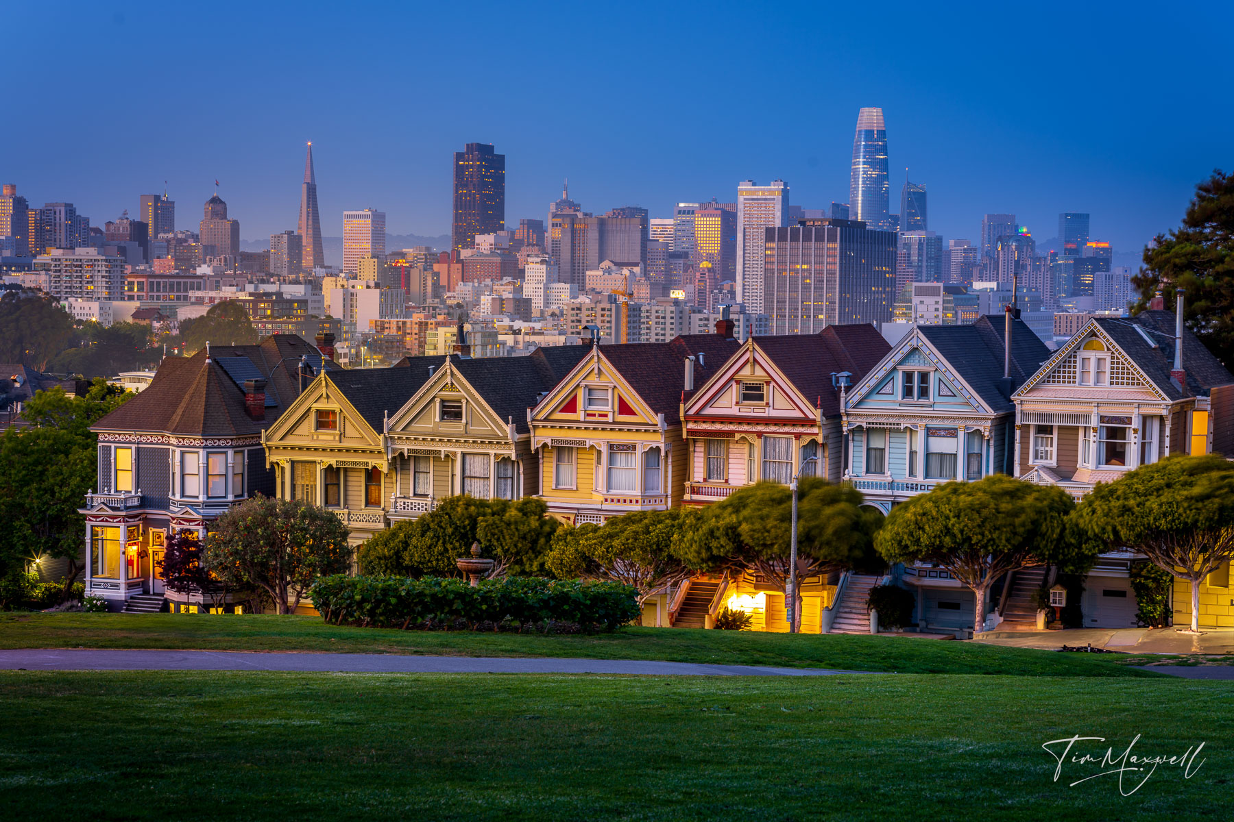 San Francisco’s Painted Ladies at blue hour with downtown skyline glowing in the background, viewed from Alamo Square
