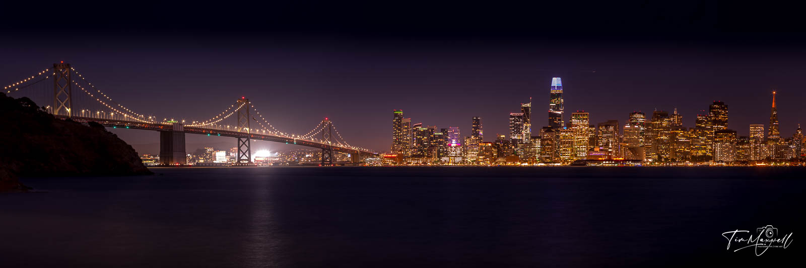 A panoramic shot of the San Francisco skyline taken from Treasure Island