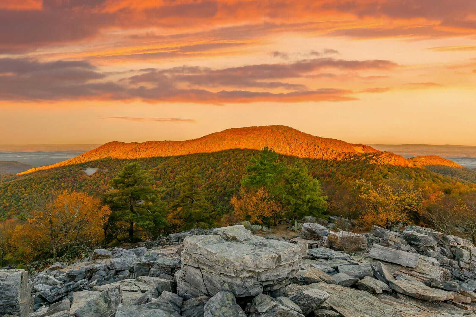 Sunset over autumn-colored mountains in Shenandoah National Park, Virginia
