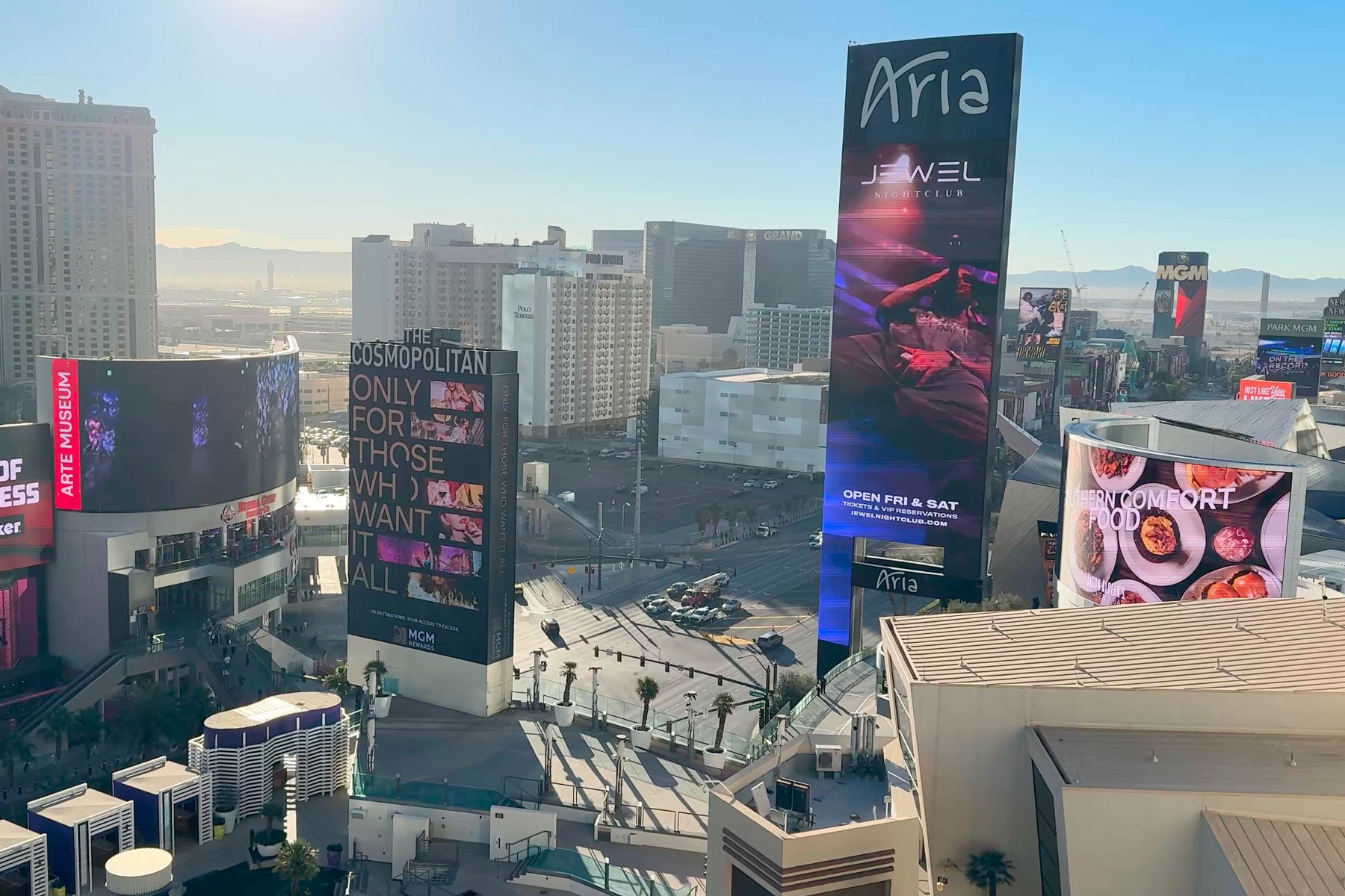 Daytime photo of the view heading south down the Las Vegas strip from the Cosmopolitan hotel.